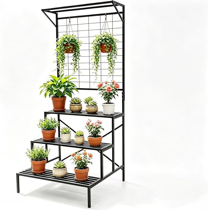 Zhongma 3 Tier Large Heavy Duty Plant Stand with Hanging Plant pot shelf, 35.43 x 33.27 x 78.74, Tall multi layer Plant Holder for Home, Garden, Each Tier: 35.43 L x 10.5W, Easy to Hold Large Plant