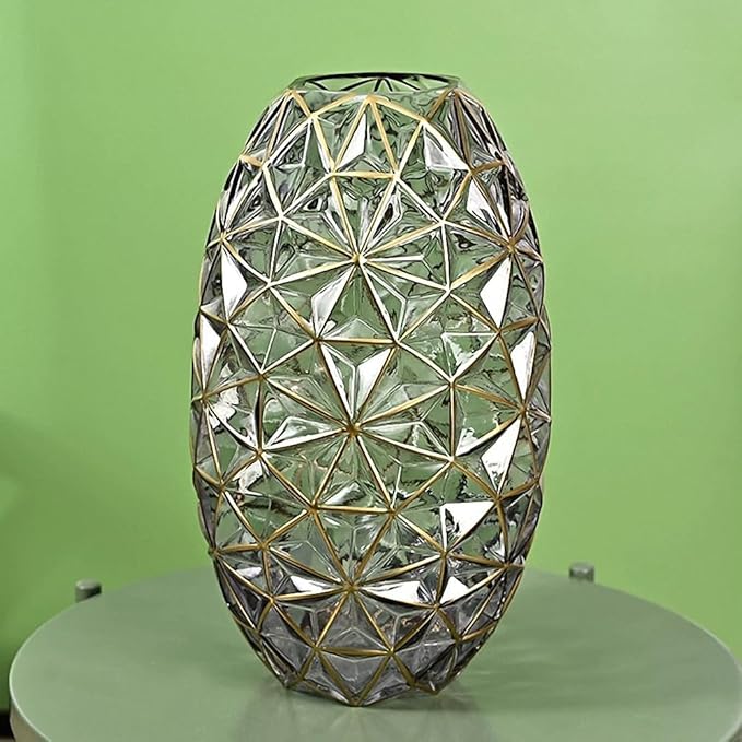 Hand Painted Gold and Grey Diamond Shaped Glass Crystal Vase 13.6 inch Tall,Modern Large Glass Home Office Decor for Living Room Dining Table Centerpieces, Birthday and Wedding