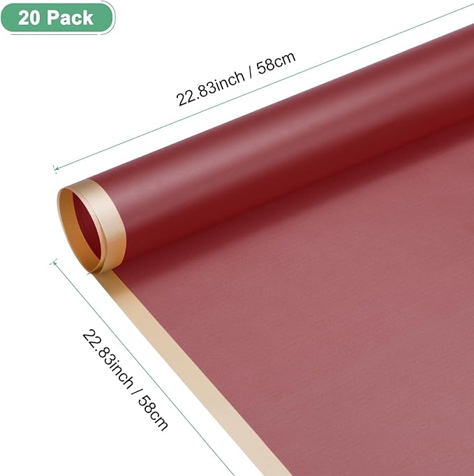 M METERXITY 20 Sheets Flower Wrapping Paper Bouquet, 23 Inch Wine Red Gold Edge BOPP Waterproof Floral Wrapping Paper Flower Packaging DIY for Wedding/Party/Birthday/Gift Bouquet Wrap Paper