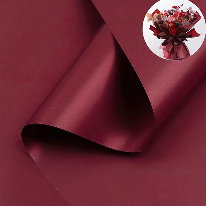 CC wonderland zone 20 Sheets Wine Red Colored Floral Wrapping Paper - Waterproof Burgundy Red Flower Bouquet Wrapping Paper for Wedding Birthday,22 inch x 22 inch