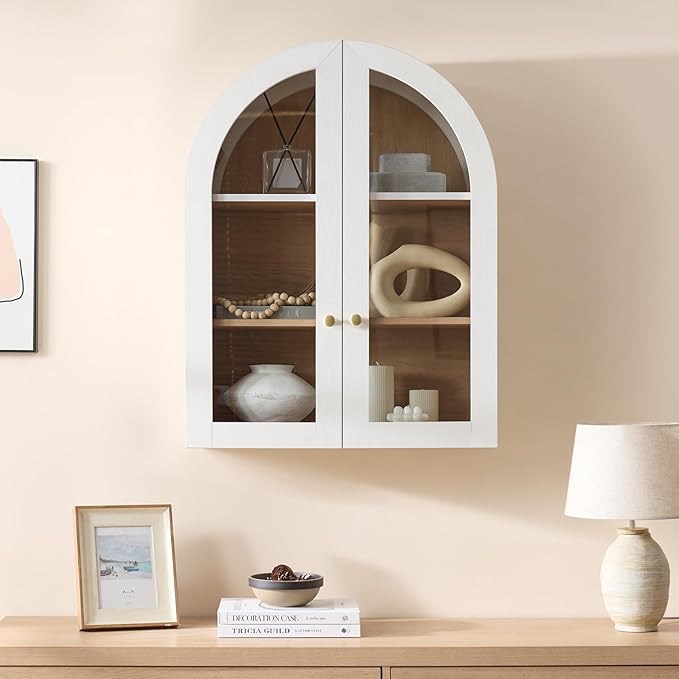Bathroom Arched Wall Cabinet Over The Toilet Storage Cabinet, 23.6×31.4 Inch Bathroom Medicine Cabinet Wall Mount with Adjustable Shelves & Glass Door, Space Saver Wall Cabinet, White