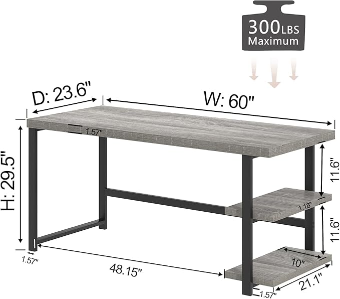 FOLUBAN 60 Inch Computer Desk, Modern Large Home Office Desk with Storage Shelves, Wood and Metal Writing Table Study Gaming Desk Workstation for Living Room, Industrial Light Grey