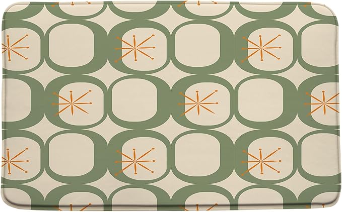 Mid Century Modern Bath Mat Abstract Atomic Geometric Retro 1950s Sage Green Bathroom Kitchen Toilet Rugs,18x30 Inch