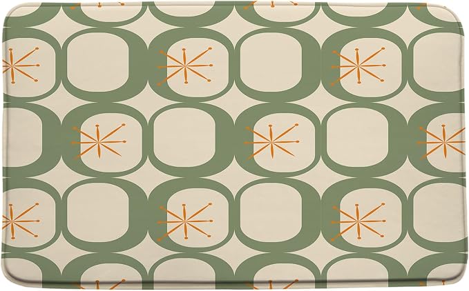 Mid Century Modern Bath Mat Abstract Atomic Geometric Retro 1950s Sage Green Bathroom Kitchen Toilet Rugs,24x71 Inch