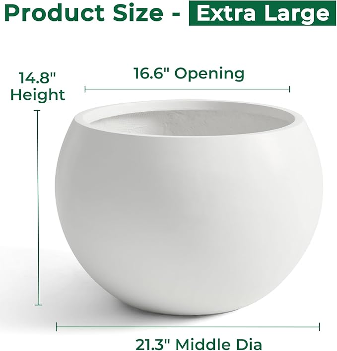 21.3" D Fiberstone Extra Large Planter, 16.6" Pot Opening x 14.8" H, Spherical Flower Pot with Drainage Hole, Weather Resistance Indoor Outdoor Planters, White