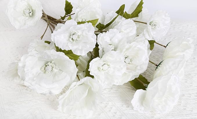 30 Heads 6 PCS White Poppy Flowers Artificial 32 in Silk Poppy Flowers for Wedding Home Party Table Centerpiece Arrangement Decoration (White)