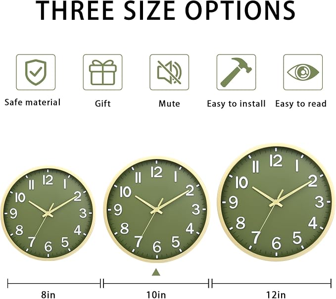 Wall Clocks Battery Operated 10 inch Modern Wall Clock,Silent Non Ticking Wall Clock for Living Room Bedroom Kitchen Office Classroom Decor (Green Gold)