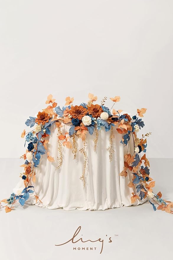 Ling's moment 9FT Eucalyptus & Willow Leaf Garland with White Flower, Handcrafted Wedding Sweetheart Table Centerpieces Head Table Decor Arch Backdrop Decorations for Wedding | Burnt Orange & Denim