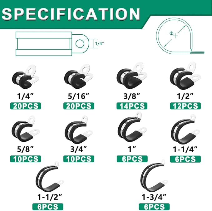 OURU 110PCS Cable Clamps Assortment Kit,10 Sizes—1/4" 5/16" 3/8" 1/2" 5/8" 3/4" 1" 1-1/4" 1-1/2" 1-3/4" Stainless Steel Rubber Coated Cushioned Insulated Cable Clamp,Automotive Wire Pipe Clamps