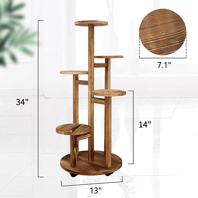 GEEBOBO 5 Tiered Tall Plant Stand for Indoor, Wood Plant Shelf Corner Display Rack, Multi-tier Planter Pot Holder Flower Stand for Living Room Balcony Garden Patio (Brown)
