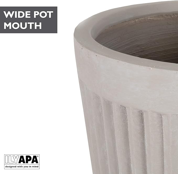 Ilyapa 14x14 inch Fluted Large Modern Concrete Outdoor Planter, Large Indoor Plant Pot with Drainage - 14 Inch Pots for Plants, Indoor/Outdoor