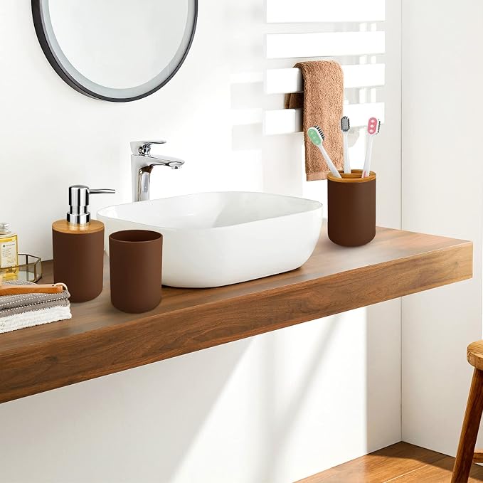 6 Pcs Bamboo and Plastic Bathroom Accessories Sets, Includes Toothbrush Cup, Toothbrush Holder, Soap Dispenser, Soap Dish, Toilet Brush with Holder, Trash Can, with 3 Pcs Toothbrushes (Brown)
