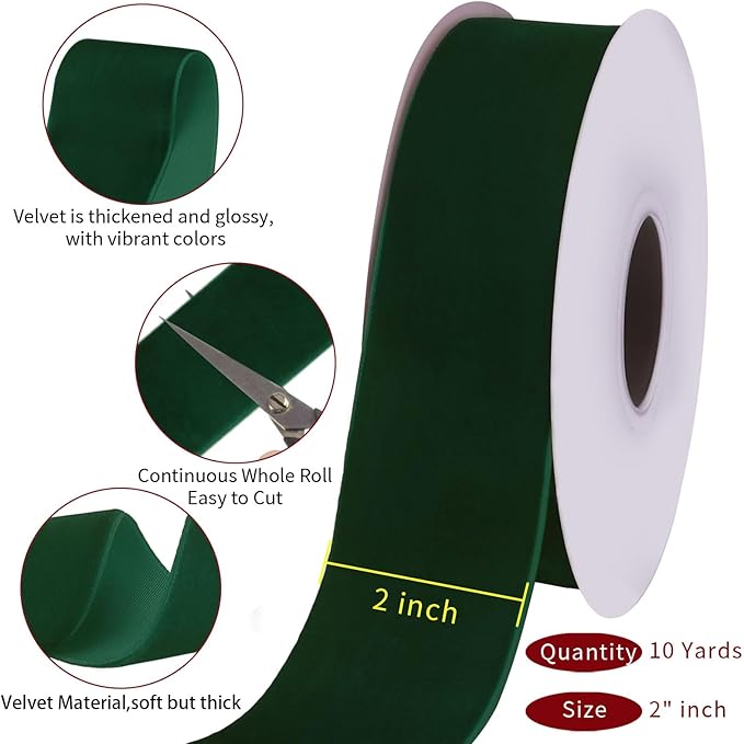 10 Yards Green Velvet Ribbon 2 Inch for Christmas Tree,Dark Greens Velvet Christmas Ribbon for Gift Wrapping Crafts Bow Wreath Holiday Decorations (Dark Green)