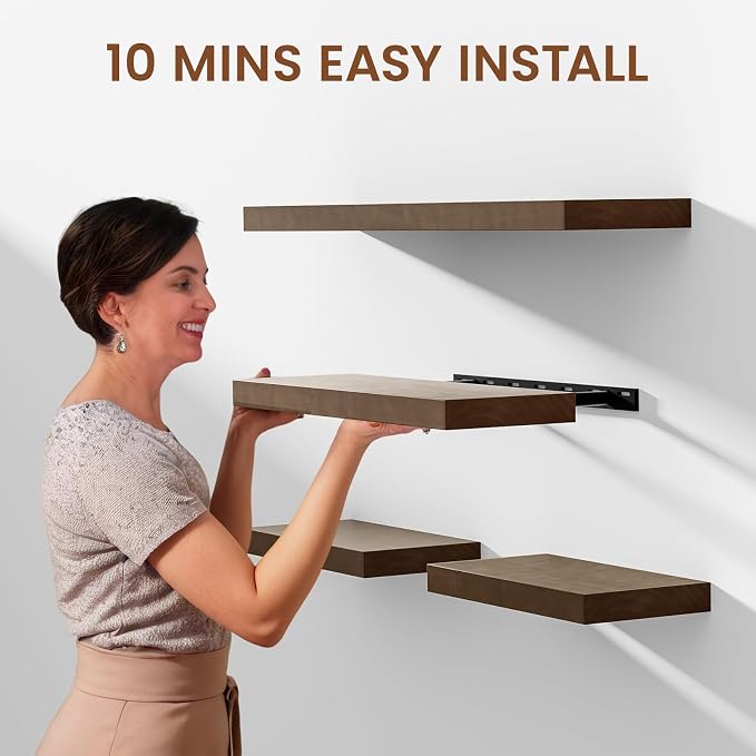 Heimlove Solid Wood Floating Shelves 24 inch, 8 Inch Deep Display Shelves Set of 2, Wall Mounted Floating Shelf with Invisible Brackets for Bathroom Bedroom Kitchen Living Room - American Walnut