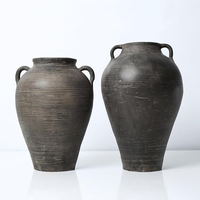 Approx. 14" H Charcoal Gray Vase with Two Handles (4.9" Opening)
