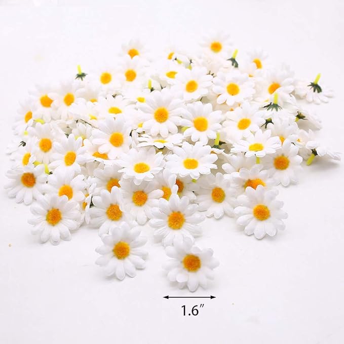 JOHOUSE 200PCS Silk Daisy Flower Heads for DIY Crafts - 1.5 Inch Gerbera Chrysanthemum Artificial Daisies for Bouquets, Baby Showers, Wedding & Home Decor
