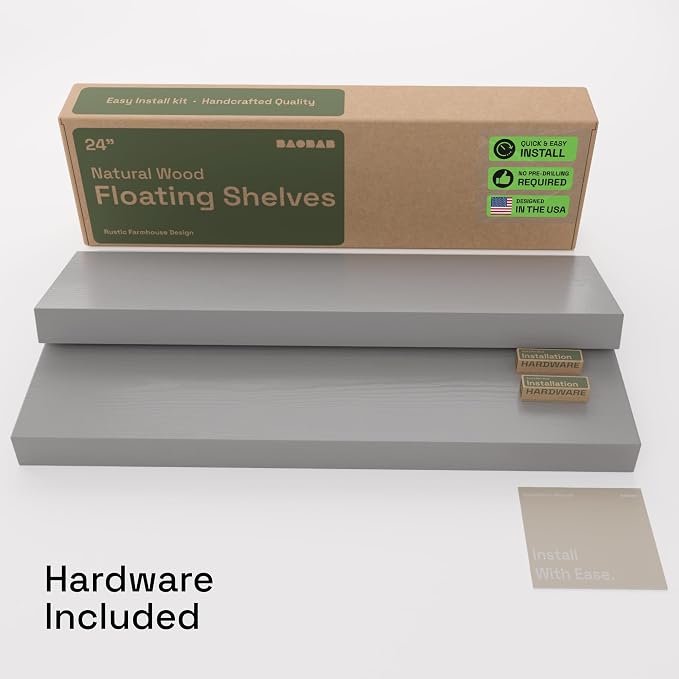 BAOBAB WORKSHOP Wood Floating Shelves for Wall - Rustic Shelf 24 inch - Grey Bathroom Shelves - Solid Wood Shelves for Wall for Bedroom Kitchen Living Room - Gray Shelves - 24 x 6.7 Inch, Set of 2