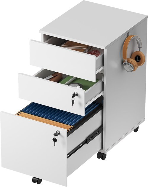 DEVAISE Mobile File Cabinet - 3 Drawer Rolling Storage with Lock | White Wood for Home Office, Fits Letter/Legal/A4 Size
