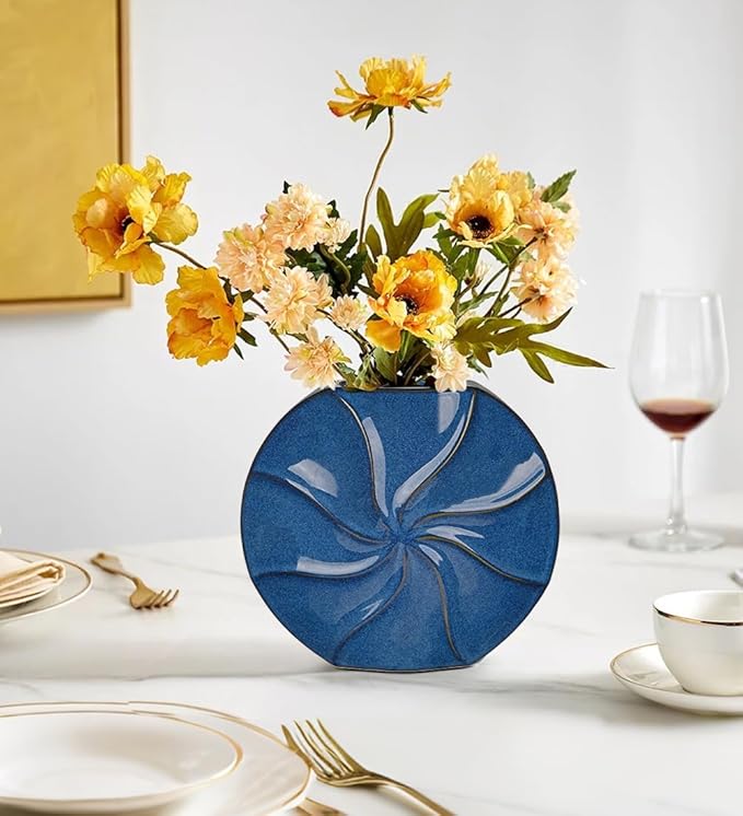Blue Ceramic Vase for Home Decor – 11.4" x 10.2" Modern Decorative Vase for Pampas Grass, Artificial Flowers & Dried Bouquets – Elegant Textured Flower Vase for Living Room, Bedroom & Office