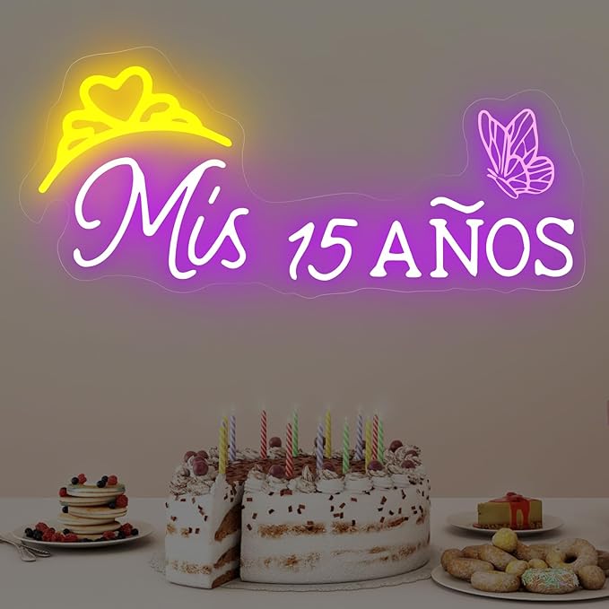 Mis 15 Anos Neon Sign, Sweet 15 Quince Party Sign with Dimmer Switch, Birthday Party Decor, Quinceanera Party Sign, Preppy Room Decor,Birthday Party Home Decorations, Mitzvah Gift-Purple