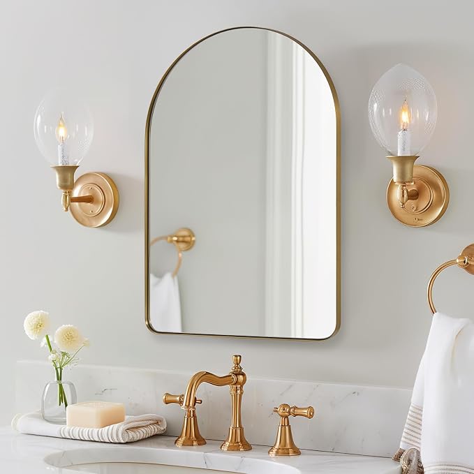 ANDY STAR Arched Mirror, 20 x 28 Inch Brushed Gold Wall Mirror in Stainless Steel Metal Frame, Arch Top Rounded Corner 1 Inch Deep Set Design Wall Mount Hangs Vertical