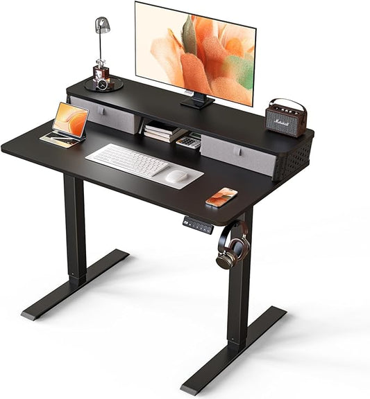 Electric Standing Desk with 2 Drawers 40''x 24'' Small Adjustable Height Sit to Stand Up Desk with Storage Shelf, C-Clamp Mount Compatible Black Home Office Desks Computer Desk Ergonomic Workstation