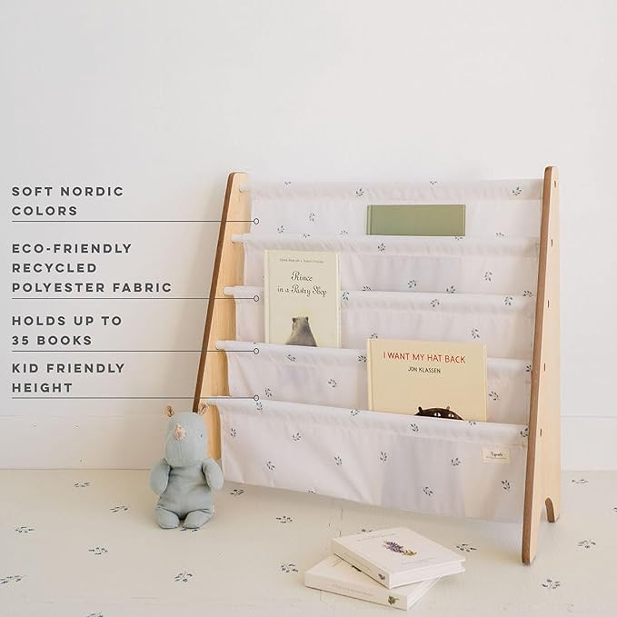 3 Sprouts Recycled Fabric Kids Bookshelf – 4-Tier Sling Book Rack Organizer - Nursery Room Playroom Classroom Wooden Book Shelves - Kid Bookcase Wood Storage Shelf for Toddler Age 3+ - Blueberry Ivory
