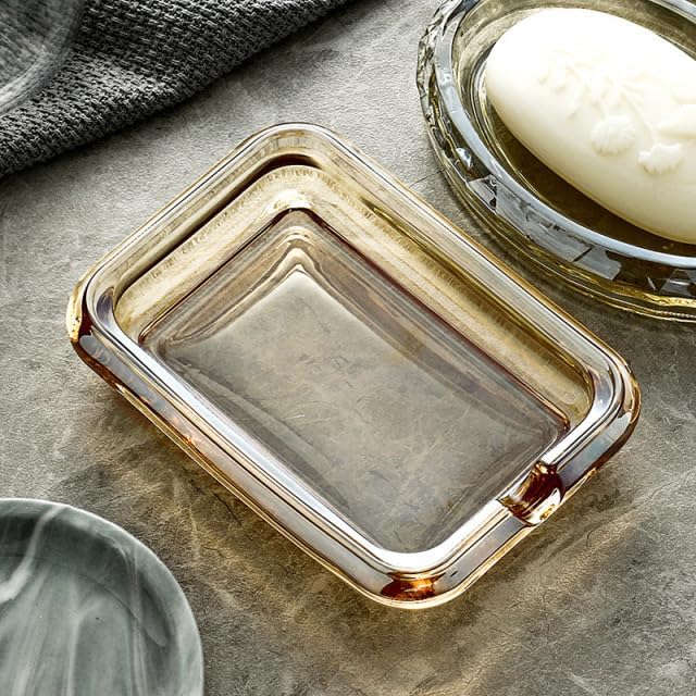 NOLITOY Glass Soap Dish Light Brown Amber Ribbed Bar Holder Decorative Tray for Bathroom Vanities Kitchen Sinks Shower Countertop Clear Savers Modern Vintage Decor Accessory 4.91 x 3.54 x 0.98 Inch
