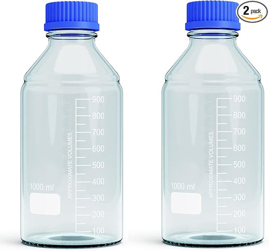 1000ml Storage Glass Bottles – 2pcs Round Media Storage Bottle – Borosilicate Glass Bottles – Safe Probe Storage Glass Storage Bottles with GL45 Blue Screw Cap (1000ml - 2pcs)