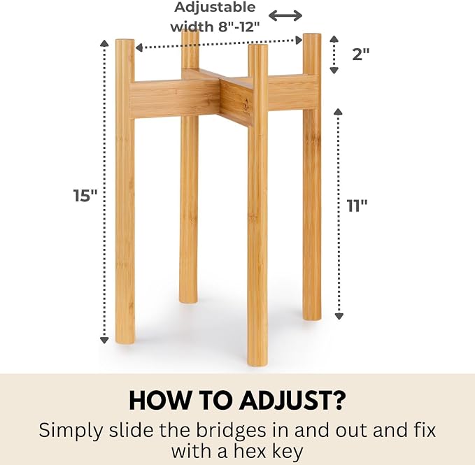 Fox & Fern Adjustable Tall Plant Stand Indoor — 8 to 12 Inch Mid Century Bamboo Plant Stand with Adjustable Width - Plug In Design - Easy to Assemble - Two Heights - For 8, 9, 10, 11 & 12 In Pots