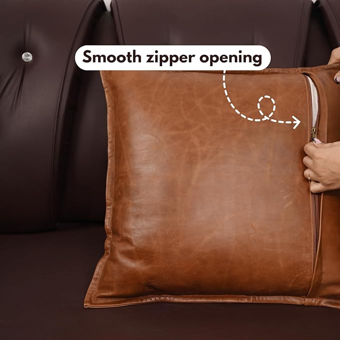 D DOLLY LAMB Lambskin Leather Pillow Cover - Sofa Cushion Case - Decorative Throw Covers for Living Room & Bedroom, 14x14 Inches - Tan Orange Box Pack of 2