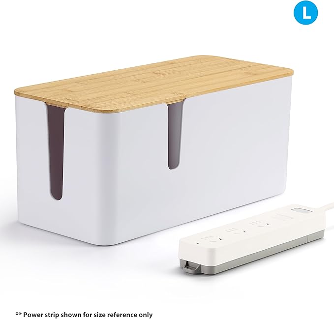 ZhiYo Bamboo Lid Cord Organizer Box, 2Pack Large Cable Management Box, Safe ABS Wire Organizer for TV and Computer, Wood Cover Cord Hider to Hide Wires, USB Hub & Under Desk Power Strip, White
