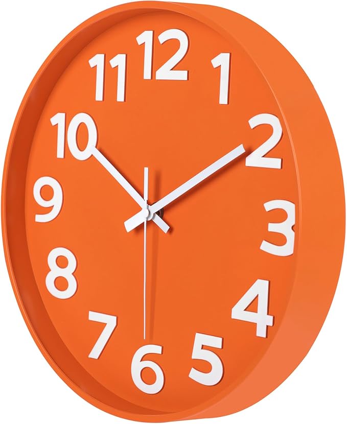 45MinST 12-Inch Modern Indoor Outdoor Wall Clock, Minimalist Orange Design, Silent Non-Ticking, Large Numbers, Perfect Decorative Accent for Home or Office (Orange)