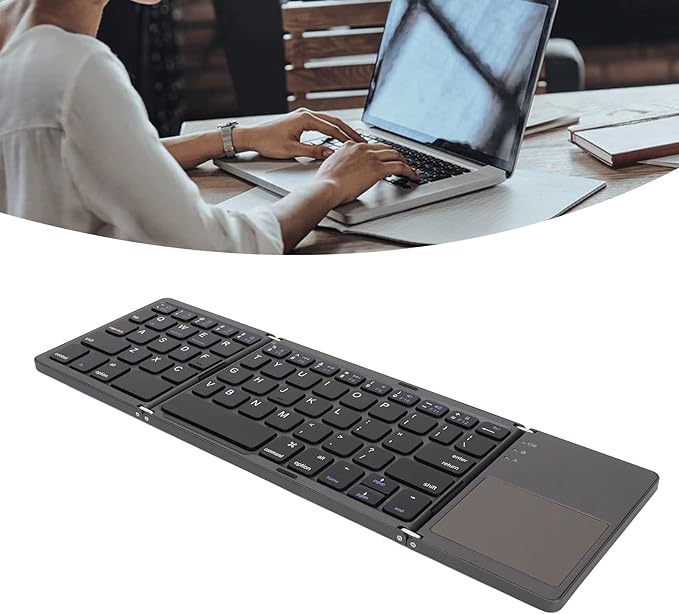 Wisoqu Foldable Keyboard with Touchpad, 3 Folding Wireless Keyboard 63 Keys 10m Connection USB Charging, for iOS for Laptop Tablet Smartphone (Dark Gray)
