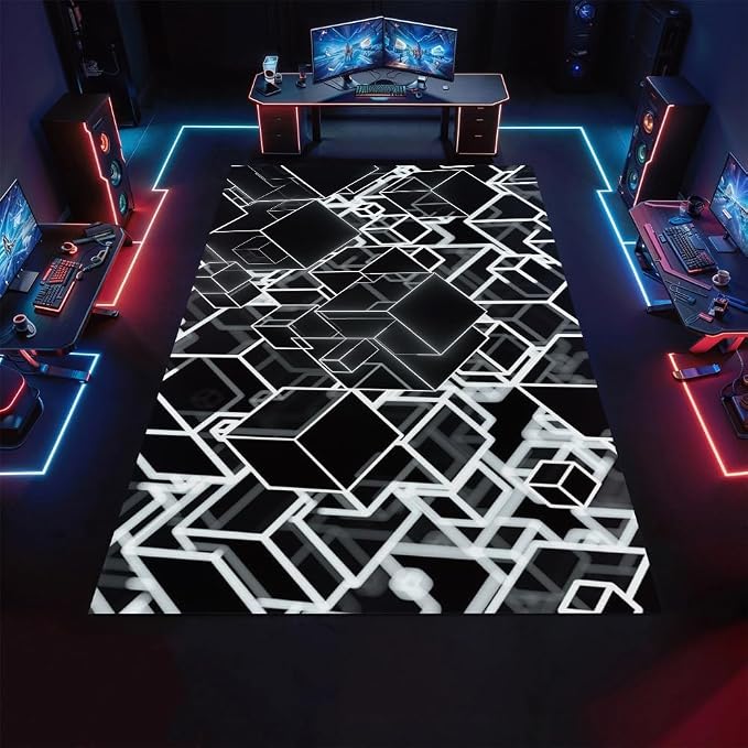 3D Geometric Area Rugs, Black White Block Pattern Carpet, Washable Non Slip Low Pile Soft Rug for Living Room Bedroom Decor Mat 6x8ft