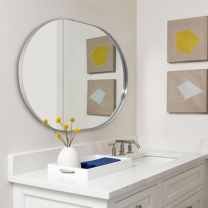 ANDY STAR Brushed Nickel Oval Bathroom Mirror, 30x40 Oval Nickle Mirror Pill Shaped in Premium Stainless Steel Metal Frame 1”Deep Wall Mounted Horizontal/Vertical