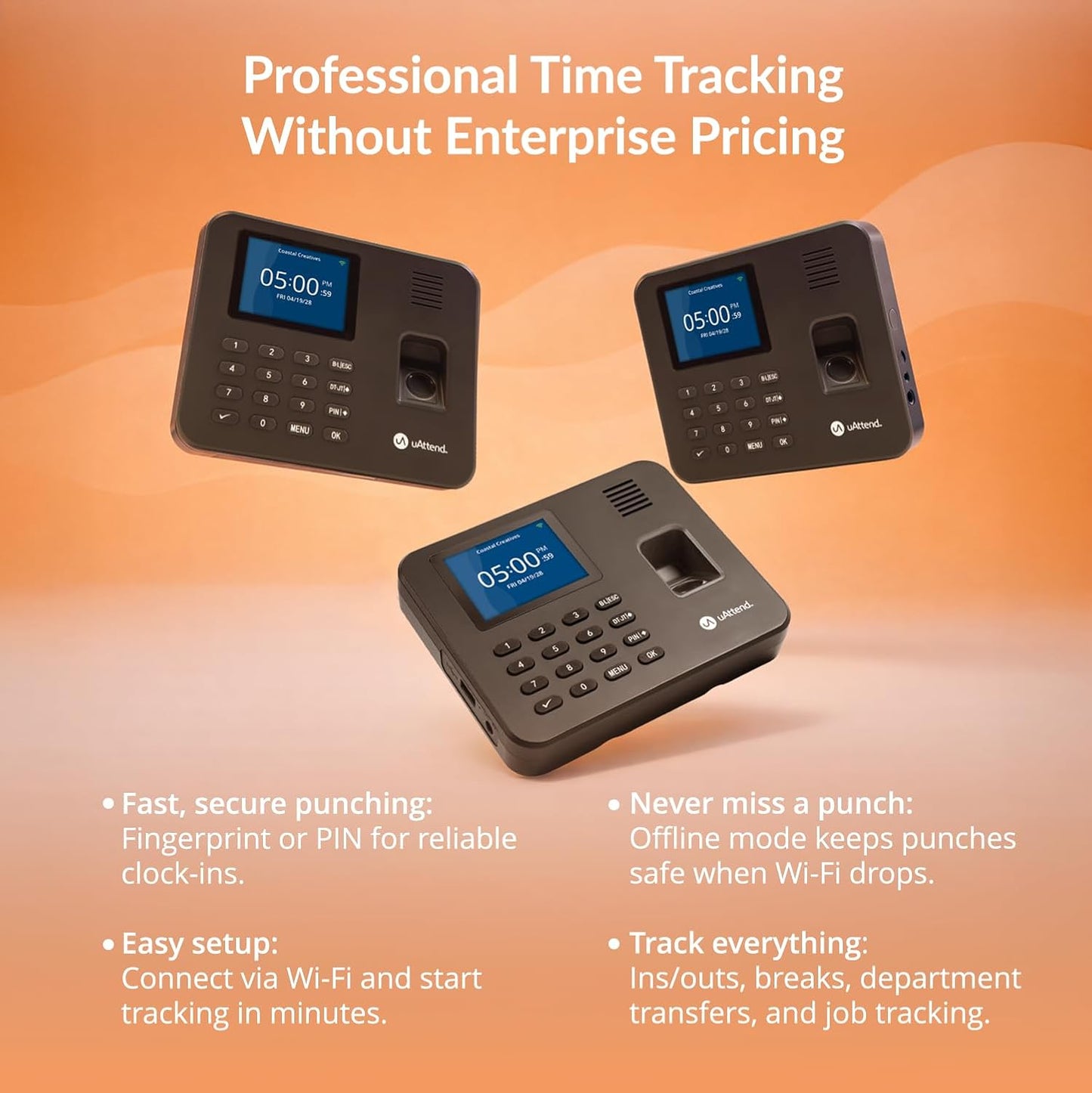 uAttend RE2000 Biometric Time Clock - Fingerprint & PIN Punching, Wi-Fi Cloud System for Small Business