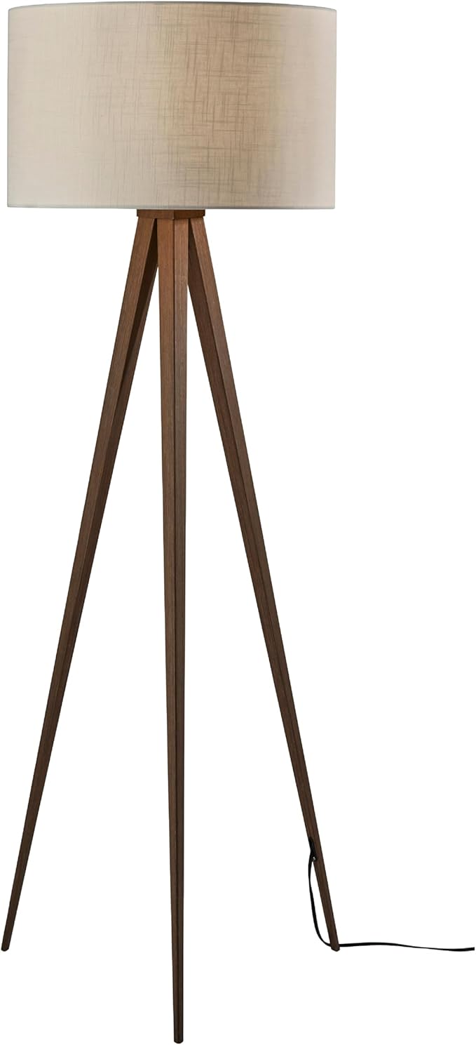 Adesso Floor Lamp with Walnut Rosewood Veneer and Beige Fabric Lampshade – 3-Way Adjustable Brightness, Lamp for Bedroom, Living Room, and House Décor, 60.25” x 21”