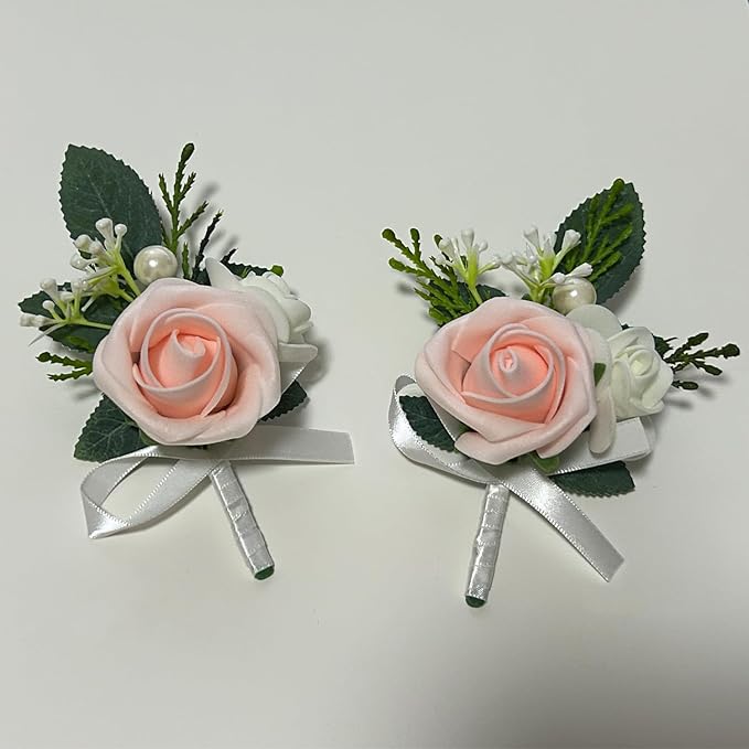 6PCS Blush Pink Boutonniere for Men,Coral Pink Boutonniere Pins for Men Groomsmen Guest Boutonniere, Artificial Flowers for Wedding Decor Prom Homecoming