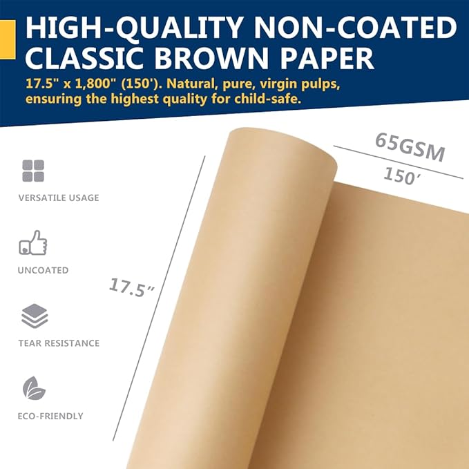 PerkHomy Brown Kraft Paper Roll 17.5" x 1,800" (150') for Gift Wrapping Bulletin Board Craft Art Bouquet Flower Packing Moving Shipping Floor Covering Table 70GSM 50LB (Brown, 17.5" x 150')