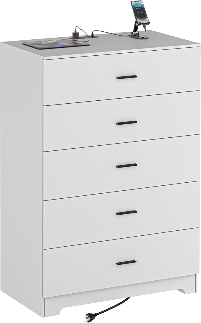 Dresser for Bedroom with Power Outlets Wood 5 Drawer Dresser with Large Storage Space White Chest of Drawers with Smooth Metal Rail Tall Storage Organizer for Bedroom Living Room Closet