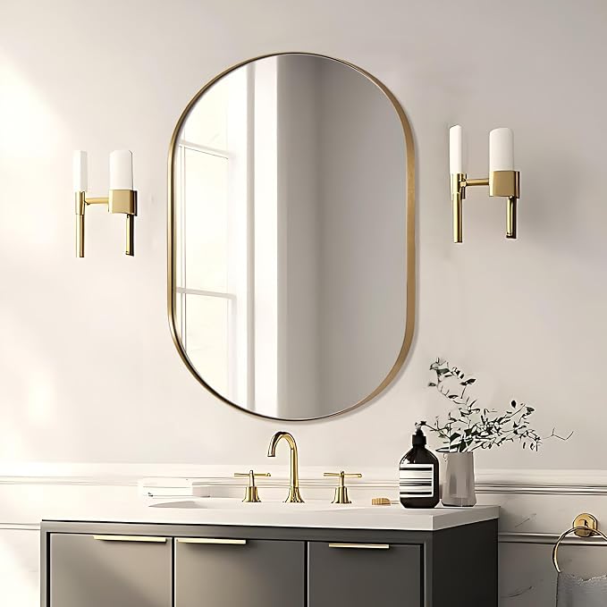 ANDY STAR 30x40'' Large Brass Oval Mirror, Brushed Brass Bathroom Mirrors Pill Shaped in Stainless Steel 1’’ Deep Wall Mounted Vertically & Horizontally