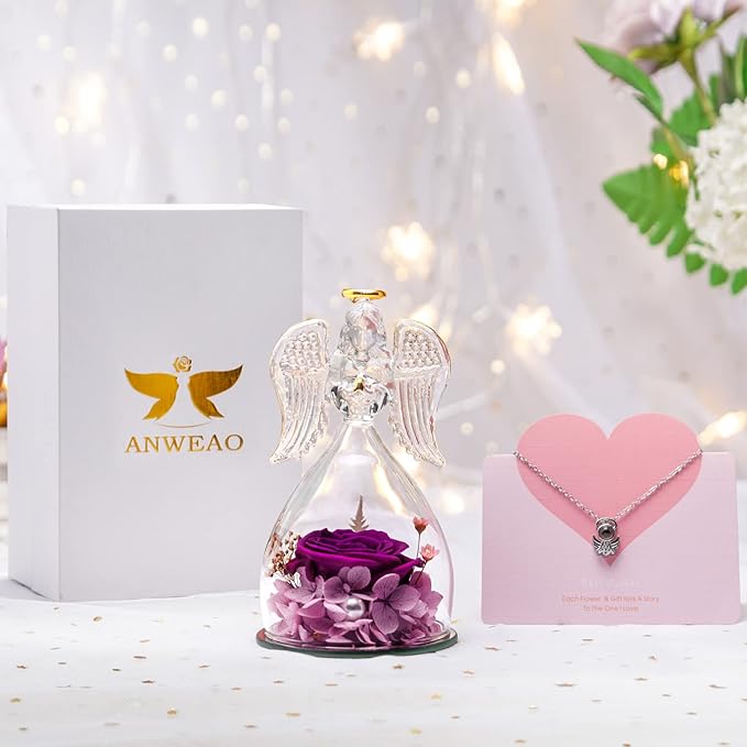 Christmas Women Gifts for Mom Birthday Gifts for Mom,Angel Birthday Gifts for Women Preserved Flower Rose in Glass Angel Figurines with Necklace, Purple Flower Gifts for Grandma Mother Sister Wife Her