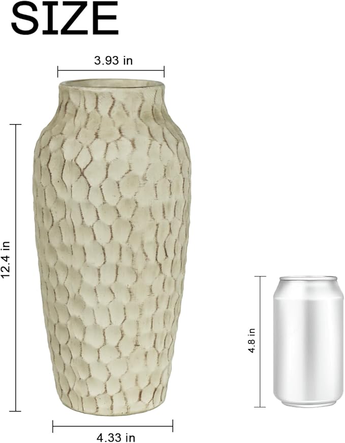 Rustic Beige Ceramic Vase for Flowers, Distressed Textured Vintage Farmhouse Decorative Vase for Pampas Grass, Eucalyptus, Table Centerpiece & Fall Home Decor