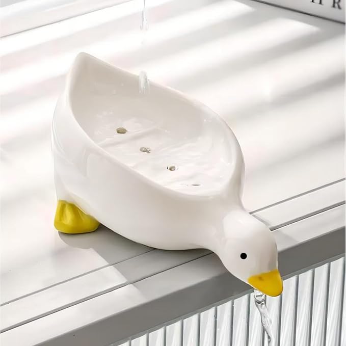 1 Pack Duck Ceramic Soap Dishes,Soap Holder with Drain,Soap Dish Container,Dish Soap Tray,Sponge Holder,Soap Tray for Shower,Bathroom,Bar,Kitchen,Counter (Duck), White