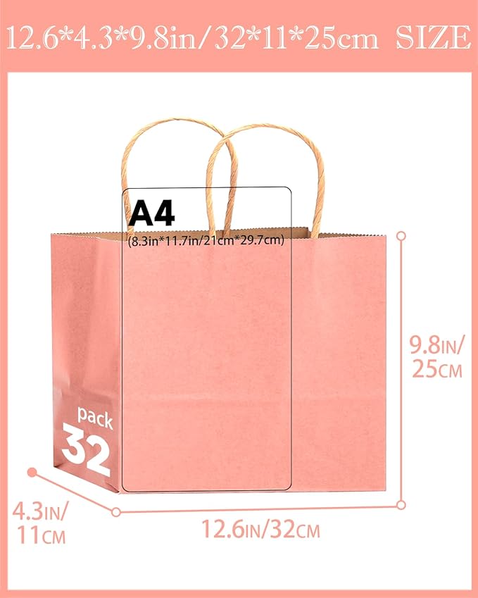 qiqee 13"x4.5"x10" Large Gift Bag with Handles Bulk 32PCS Gift Paper Bags Light Pink Bags Multiple Uses (Wide Large)