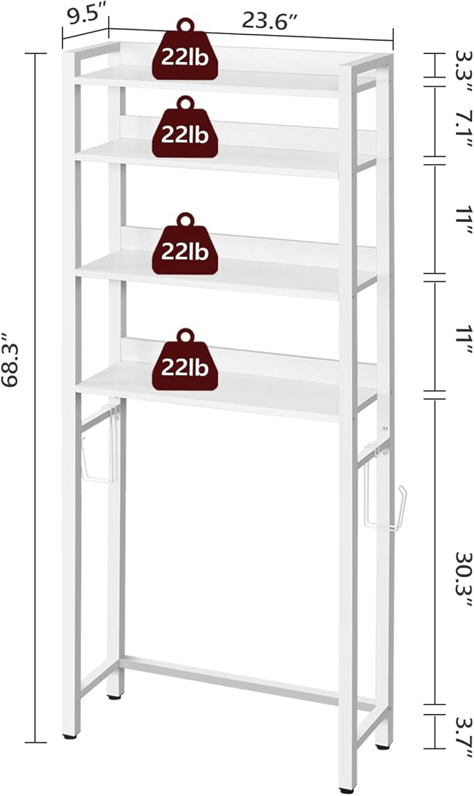 MAHANCRIS Over The Toilet Storage Rack, 4 Tier Bathroom Organizer Over Toilet, Freestanding Space Saver Toilet Stand with 2 Hooks, Bathroom Storage Shelf, Easy to Assemble, White TSBW0401