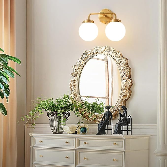 Bathroom Vanity Light Fixtures Over Mirror, Modern Brass Gold 2 Lights Wall Sconce Lighting with Milky Glass Ball Shades, Mid Century Farmhouse Bathroom Lighting