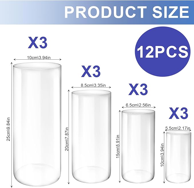 12 Pack Glass Cylinder Vases, 4,6,8,10 Inch Tall Clear Flowers Vases for Centerpieces, Floating Candles Vase,Hurricane Glass Candle Holders Vase for Wedding Party Home Tables Decor
