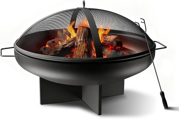 HEAHOLD 24 Inch Fire Pit for Outside Outdoor Wood Burning Firepit Bowl Heavy Duty Steel Bonfire Pit for Patio Backyard Camping Deck with Spark Screen, Log Grate & Poker
